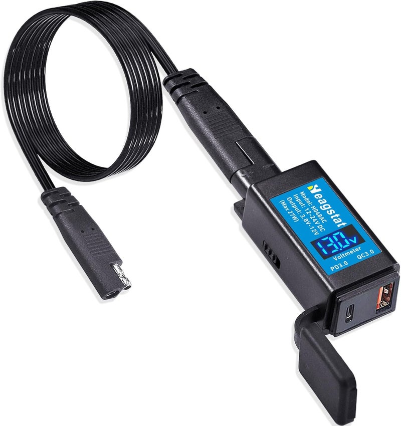 Heagstat H048AC Motorcycle USB PD3.0 Charger, SAE to USB-C and USB-A Port Adaptor, Compatible for Phone Tablet etc. with Voltmeter and Hand-Operated on/Off - Image 1